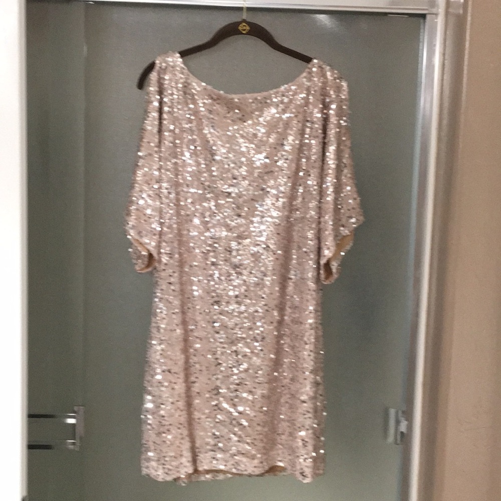 Cream sequined open shoulder  mini dress . NWOT.
